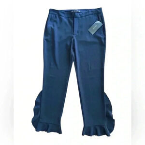 NWT Zara Pants Trousers Navy Blue Size Medium Ruffle Office Work Interview